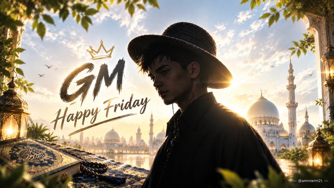 A young man in a straw hat and dark shirt stands in profile against a golden sunset, with ornate lanterns, domes, and minarets framing the scene, while stylized text reads "GM Happy Friday" beside him, tying together the post's "GM Moots Happy Fridays" message in a warm, spiritually-infused aesthetic.