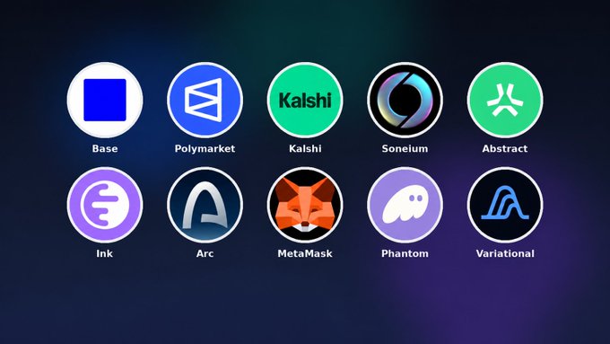A display of cryptocurrency and Web3 platform logos including Base, Polymarket, Kalshi, Soneium, Abstract, Ink, Arc, MetaMask, Phantom, and Variational.