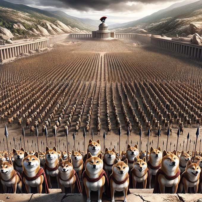 A vast army of Shiba Inu dogs, dressed in ancient warrior attire and armed with spears, stands in tight formation before a Greek-style temple nestled in a mountainous landscape.