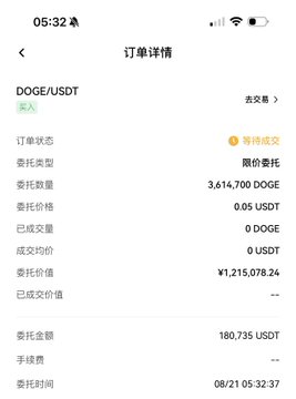 A mobile screenshot showing a DOGE/USDT order details page in Chinese, indicating a pending limit sell order of 3,614,700 DOGE at 0.05 USDT, valued at ¥1,215,078.24.