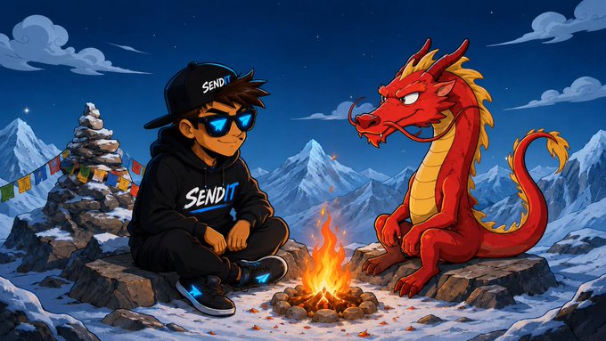 The image features two characters - a boy wearing a black hoodie and sunglasses sitting next to a red dragon. The background of the image depicts a snowy mountain landscape with a campfire, creating an atmosphere of adventure and exploration. The caption for the image reads "#chinese $Dragon is growing day by day with real supporters, organic energy, and a vision that fits perfectly inside the #ton ecosystem".
