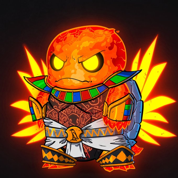 A digital illustration of a fiery, angry character with glowing orange skin, glowing yellow eyes, and colorful tribal-style armor set against a dark background with flame-like wings.