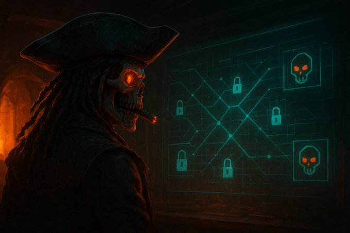 A dark, cyberpunk-style image featuring a skeletal pirate with a glowing red eye and a cigar, observing a digital screen displaying a network of padlock and skull icons.