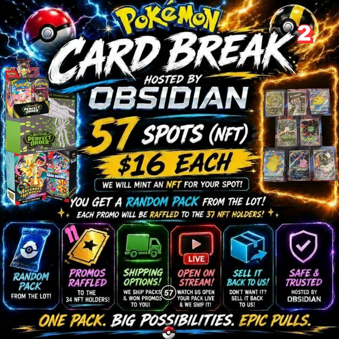 An advertisement for a Pokemon Card Break hosted by Obsidian offers 57 NFT spots at $16 each, with random packs raffled to NFT holders.