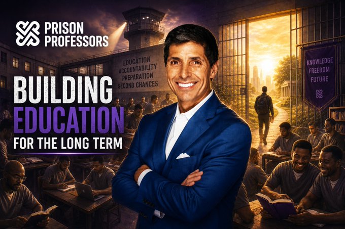 The image is a promotional graphic for "Prison Professors," featuring a smiling man in a blue suit standing before a prison backdrop with the text "BUILDING EDUCATION FOR THE LONG TERM" alongside words like "Education, Accountability, Preparation, Second Chances" and a banner reading "Knowledge, Freedom, Future." The graphic celebrates educational initiatives like Giggle Academy, with the headline reinforcing the message of providing long-term, accessible education to underserved populations worldwide.