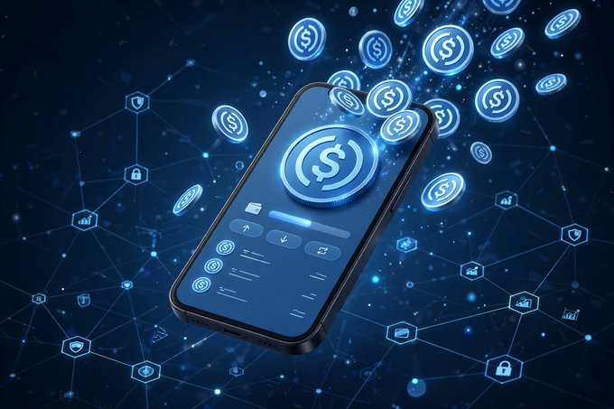A digital illustration of a smartphone displaying a financial app interface with dollar signs and a search bar, surrounded by floating digital coins and connected to a network of icons including locks, charts, and security symbols against a dark blue background.