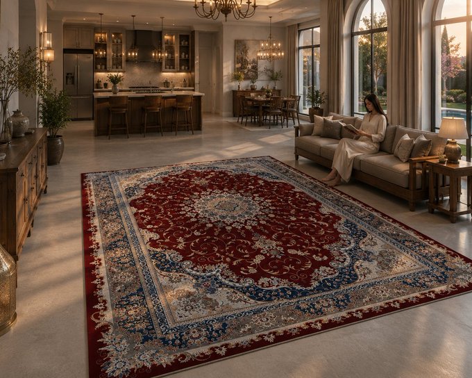 An elegant, spacious living room and kitchen interior features a large ornate red, blue, and gold Persian-style area rug in the foreground, with a woman reading on a beige sofa in the background.