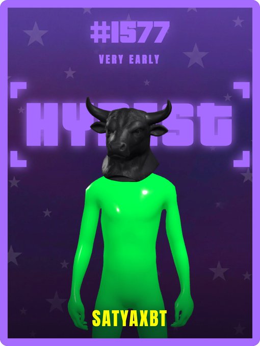 Purple NFT-style card labeled '#1577 VERY EARLY' titled 'HYPEIST' featuring a green humanoid figure with a black bull head, tagged SATYAXBT.