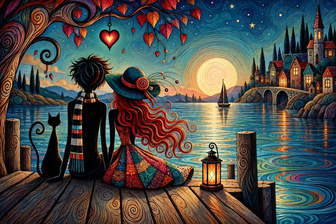 A colorful, stylized digital illustration depicts two figures, one wearing a hat with red hair, and a black cat sitting on a wooden dock by the water at sunset, with a castle in the distance.