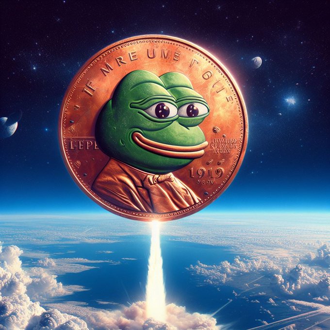 A surreal digital artwork depicts a giant bronze-colored coin featuring the face of Pepe the Frog, with the inscription 'IN MEMORIAM' and '1919', floating above the clouds and emitting a bright beam of light downwards toward a landscape.