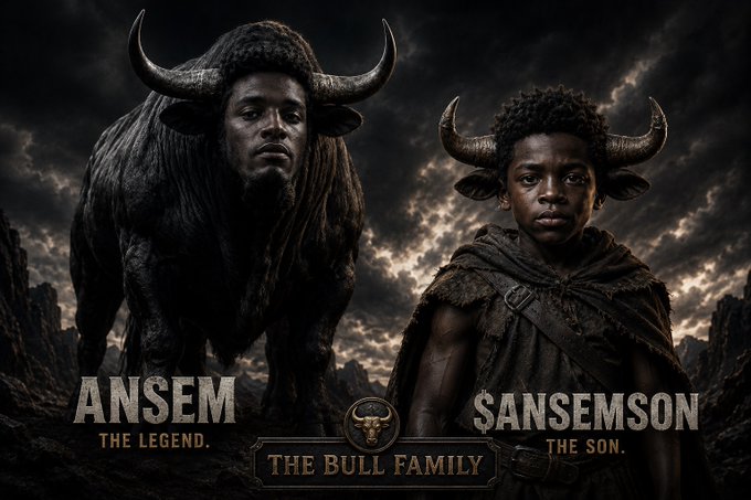 A dramatic dark fantasy-style poster titled 'THE BULL FAMILY' featuring a man with a bull's body labeled 'ANSEM THE LEGEND' and a young boy with horns labeled '$ANSEMSON THE SON' against a stormy sky.