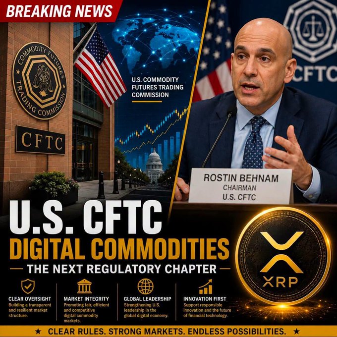 The image is a news graphic featuring the U.S. Commodity Futures Trading Commission (CFTC) building and Chairman Rostin Behnam at a podium, alongside an XRP cryptocurrency coin and text promoting "U.S. CFTC Digital Commodities – The Next Regulatory Chapter" with the tagline "Clear Rules. Strong Markets. Endless Possibilities." It visually reinforces the post's theme by depicting the regulators and policymakers actively shaping the future framework for digital assets and emerging financial technologies.