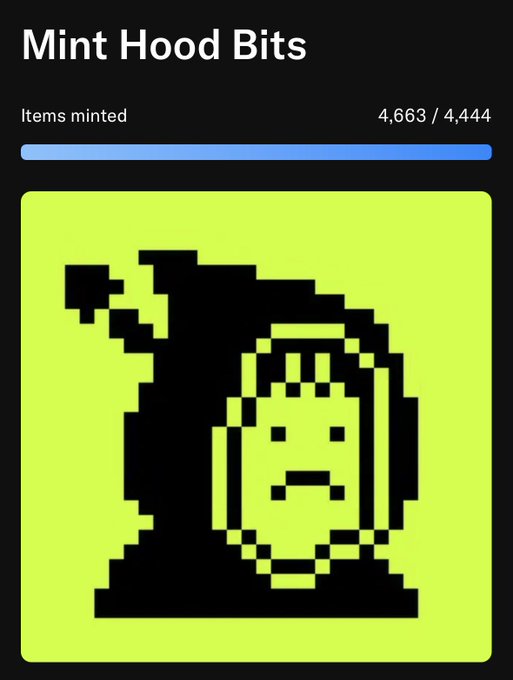 A minting page titled 'Mint Hood Bits' showing 4,663/4,444 items minted with a pixel art hooded figure on a green background.