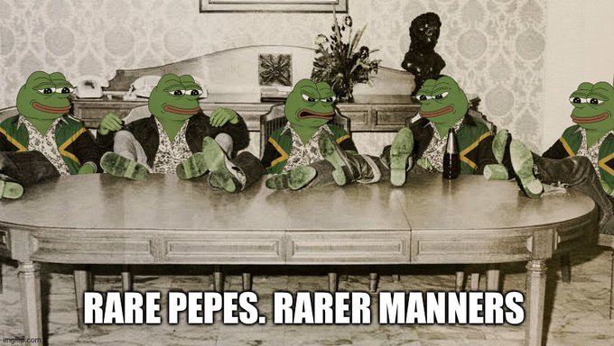 A meme featuring multiple Pepe the Frog characters sitting around a large oval table with their feet up, overlaid with the text 'RARE PEPES. RARER MANNERS'.