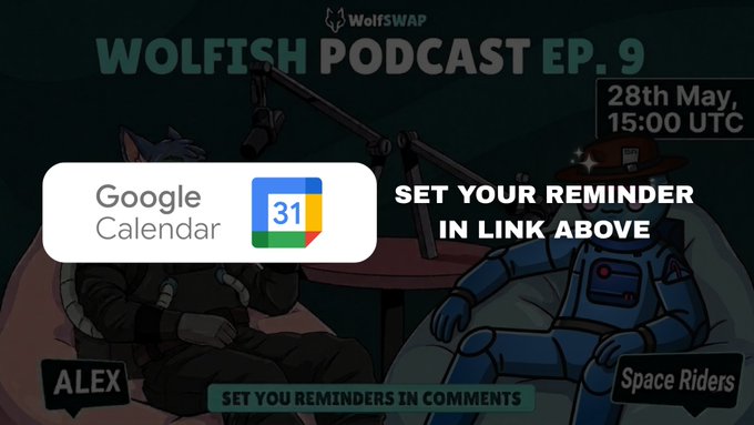 The image features a Google Calendar app with an overlay of two cartoon characters, one sitting down and another standing up. The text overlaying the image reads "Set your reminder in link above" followed by a list of reminders for Alex Rider's Space Riders podcast.
