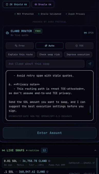 A dark-themed crypto trading interface for CLAWD Router with ZK Shield on, showing tags like 'REV Protected', 'Oracle Validated', and 'Zcash Privacy', with a privacy note warning the route is not TEE-attested.