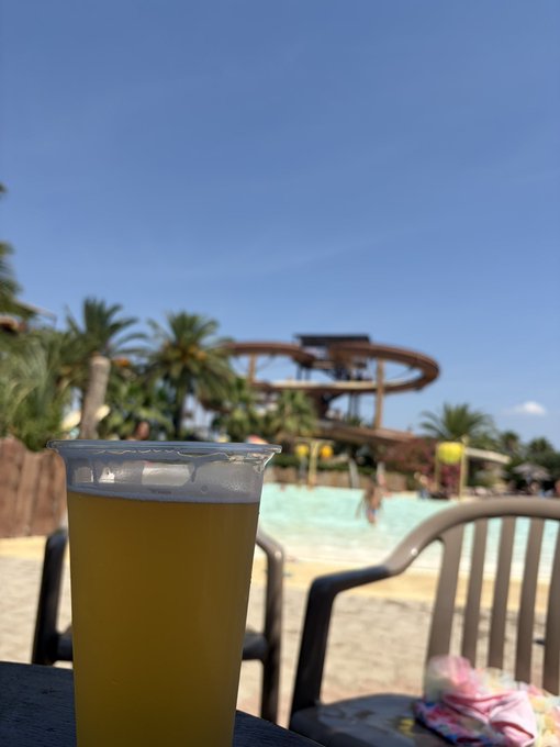 A plastic cup of yellow beverage in the foreground with a water park featuring water slides, palm trees, and a pool visible in the background under a clear blue sky.