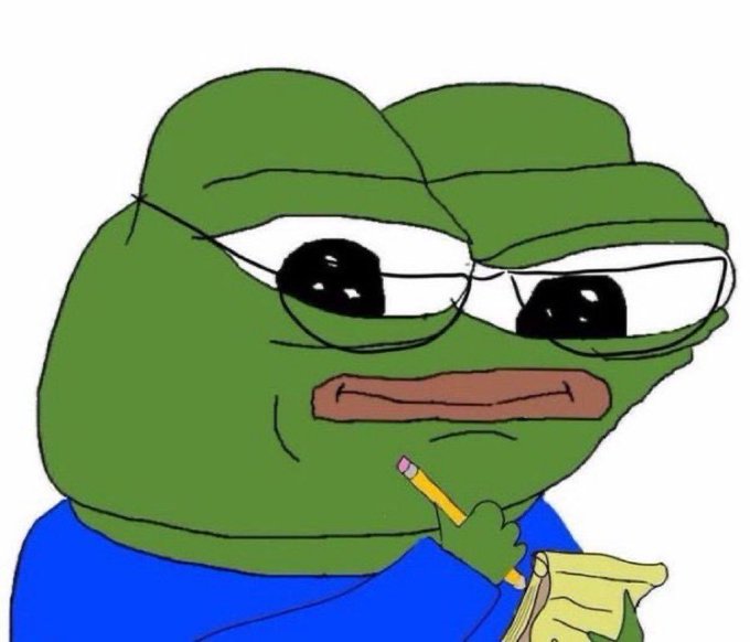 The 'Sad Pepe' meme depicting a green frog with large, watery eyes wearing a blue shirt, holding a yellow pencil and notepad with a melancholy expression.