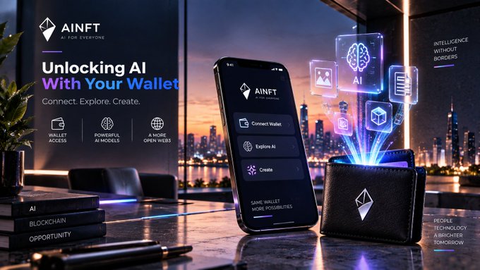 An AINFT promotional graphic titled 'Unlocking AI With Your Wallet' featuring wallet access, AI models, and open web features with a city skyline backdrop.