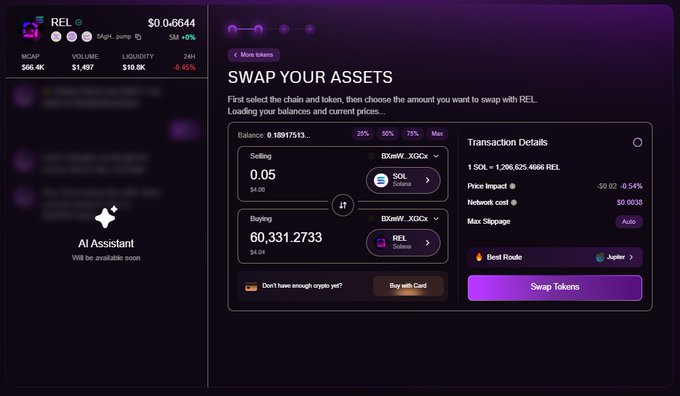 A cryptocurrency swap interface showing REL token with $0.06644 price, 5M market cap, and a swap function between SOL and REL tokens via Jupiter on Solana.