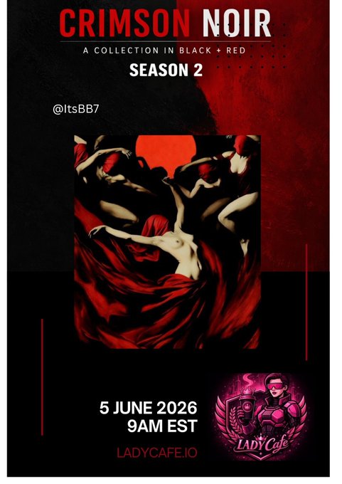 The image features a poster for a show called "CRIMSON NOIR" that is scheduled to take place on May 26th at 9:00 AM EST. The poster includes an illustration of a woman dressed in red, which is a common theme in the film's title. The poster also displays the names of some of the artists involved in the production and the name "LADYCAIO" written below it.