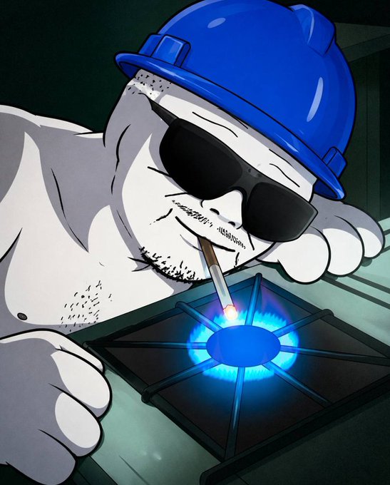 A muscular cartoon man wearing a blue hard hat and sunglasses lights a cigarette from a gas stove burner with intense blue flames. The image humorously pairs with the caption about the morning routine, suggesting the character casually uses the stovetop flame as a lighter to kickstart his day alongside coffee.