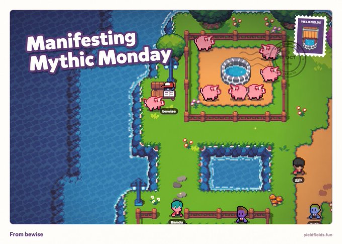 A promotional graphic titled "Manifesting Mythic Monday" showcases a pixel-art scene from Yield Fields, featuring pink pigs gathered around a fountain in a fenced pen, with characters labeled "beweise" and "Bendu" standing nearby. The image ties to the post's announcement of strong sales performance (1.294 ETH, 7.1% listed) for the NFT project.