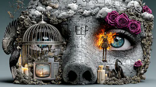 A surreal digital artwork featuring a skull made of puzzle pieces with a birdcage, a TV, a raven, and a blue eye emerging from fire with pink roses.