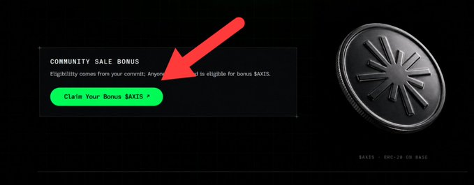 A promotional graphic with a red arrow pointing to a 'Claim Your Bonus $AXIS' button under the heading 'COMMUNITY SALE BONUS', next to a 3D-rendered black $AXIS ERC-20 token coin.