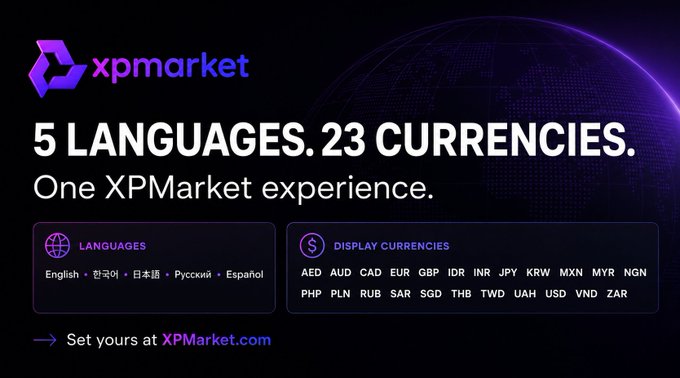 A promotional graphic for XPMarket featuring its logo and the bold text "5 LANGUAGES. 23 CURRENCIES. One XPMarket experience." It lists the available languages (English, 한국어, 日本語, Русский, Español) and 23 display currencies (AED, AUD, CAD, EUR, GBP, IDR, INR, JPY, KRW, MXN, MYR, NGN, PHP, PLN, RUB, SAR, SGD, THB, TWD, UAH, USD, VND, ZAR), directly illustrating the post's message about XPMarket's global accessibility.