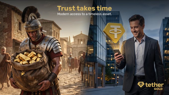 A Tether Gold advertisement reading 'Trust takes time - Modern access to a timeless asset,' showing a Roman soldier carrying gold bars alongside a modern businessman using his phone with a gold Tether logo.
