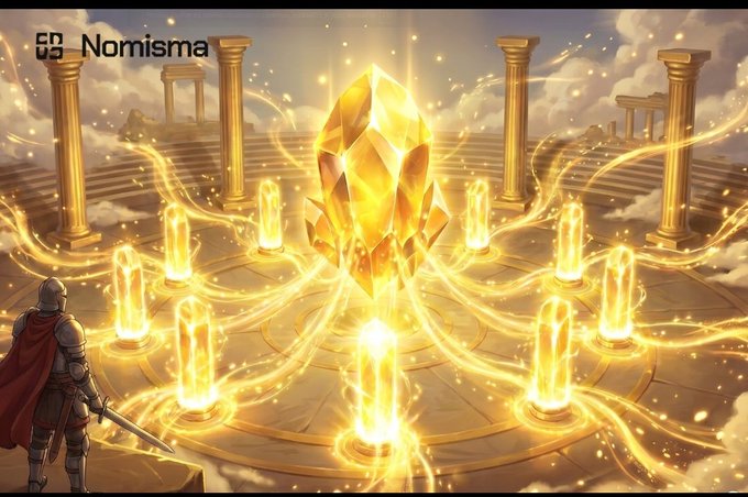 A fantasy illustration titled 'Nomisma' showing a knight facing a glowing golden crystal surrounded by smaller crystals on a circular platform amid Greek-style columns and clouds.