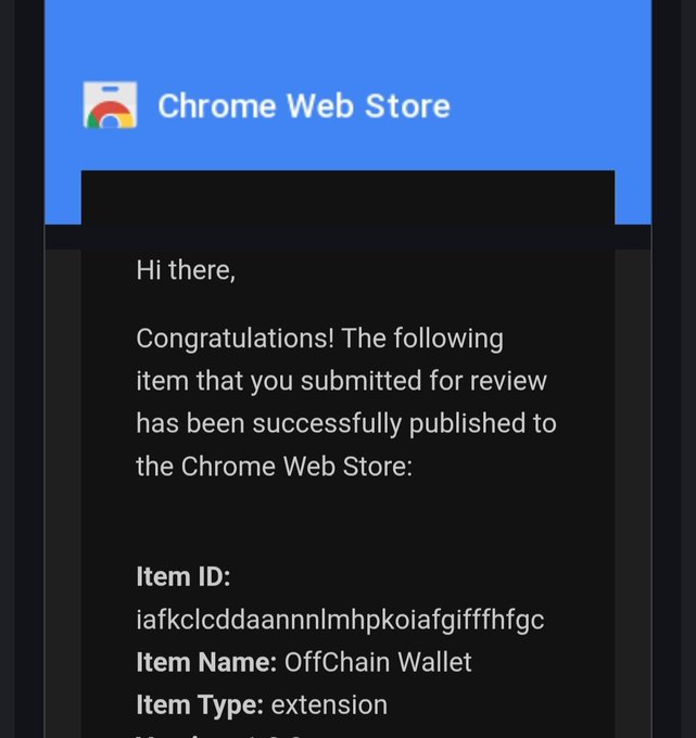 The image shows a black screen with a message from Chrome Web Store congratulating someone for their submission of an item that has been successfully published to the Chrome Web Store. The text reads "Congratulations! The following item you submitted for review has been successfully published to the Chrome Web Store."