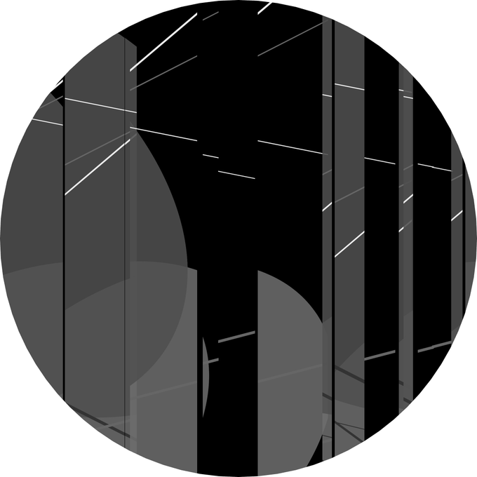 A dark, abstract digital illustration in a circular frame featuring black vertical bars or structures with streaks of white light, resembling a stylized night cityscape or forest.