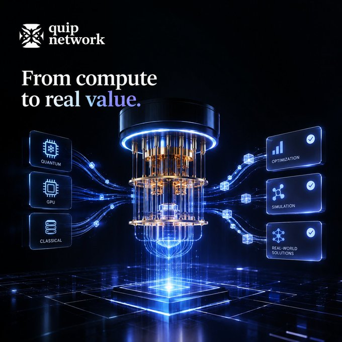 A promotional graphic for Quip Network featuring a glowing quantum computer illustration with the tagline 'From compute to real value.' and icons labeled QUANTUM, GPU, CLASSICAL, OPTIMIZATION, SIMULATION, and REAL-WORLD SOLUTIONS.