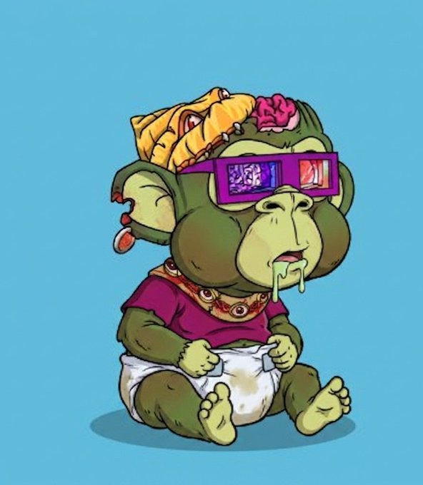 The image features a cartoon depiction of a baby monkey wearing glasses, a hat with a skull design, and a bandana with a skull pattern. The baby monkey appears to be sitting down while wearing these accessories. The caption for this image reads "Good morning Today is Friday Baby B Club Link opensea.io/collection/bab".