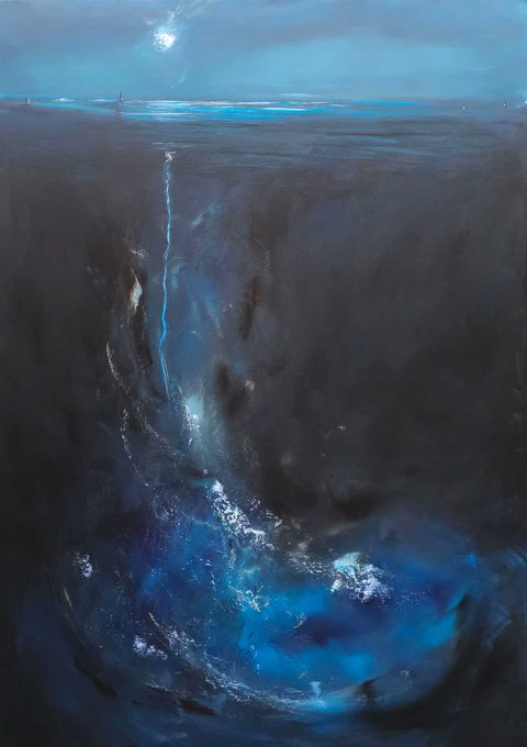 An abstract, atmospheric painting in deep blues and blacks depicts a luminous, turbulent presence emerging through dark space, with a glowing blue-white arc near the bottom. It visually represents the post’s “GM Invisibile Presence Breaking Inside Art on BTC,” suggesting an invisible force breaking into the artwork and blockchain-inspired digital realm; no readable text, numbers, or tickers are visible.