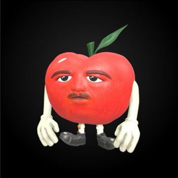 A 3D-rendered anthropomorphic red apple character with a tired, droopy-eyed human face, small white arms and legs, and a green leaf on top, sitting against a dark background.