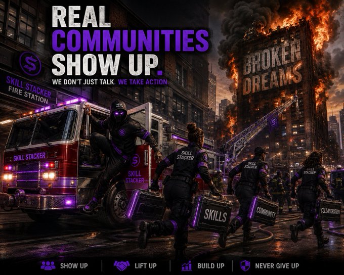 The image shows a dramatic promotional scene for "Skill Stacker" featuring hooded figures in tactical gear rushing toward a burning building labeled "BROKEN DREAMS," carrying cases marked "SKILLS," "COMMUNITY," and "COLLABORATION" alongside a fire truck. Bold text reads "REAL COMMUNITIES SHOW UP. WE DON'T JUST TALK. WE TAKE ACTION," with icons at the bottom emphasizing "SHOW UP," "LIFT UP," "BUILD UP," and "NEVER GIVE UP."

The image powerfully reinforces the post's message about community support during difficult times, visually depicting the "$STKR" Skill Stacker community as first responders who run toward crises with tangible skills and collaboration rather than standing by.