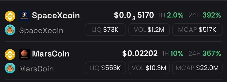 A crypto trading interface showing two tokens: SpaceXcoin at $0.0₃5170 with LIQ $73K, VOL $1.2M, MCAP $517K (24H +392%), and MarsCoin at $0.02202 with LIQ $553K, VOL $10.3M, MCAP $22.0M (24H +367%).