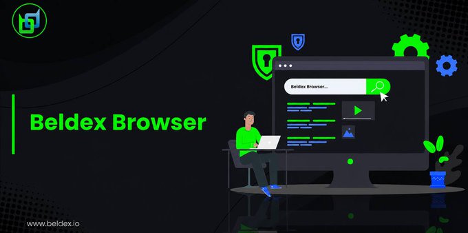 Promotional graphic for "Beldex Browser" (www.beldex.io) featuring a stylized illustration of a person at a laptop next to a large browser window displaying "Beldex Browser.." in the search bar, with green and blue tones emphasizing privacy and security themes. The visual reinforces the post's message about Beldex extending privacy beyond crypto wallets into everyday web browsing via the $BDX-powered browser.
