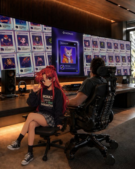 The image shows an anime-styled character wearing a "MONAD LOVES SAMANTHA" shirt sitting next to a person in a high-tech wheelchair in front of large screens displaying Monad NFT collections and community cards, with a featured "Success" card prominently shown. This scene playfully illustrates the post's humorous fantasy of living in an idealized "Monad house" and receiving their Monad community list (wave 3) card.