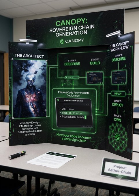 A presentation display titled 'CANOPY: SOVEREIGN CHAIN GENERATION' outlining a four-stage workflow (Describe, Build, Deploy, Own) for blockchain deployment, labeled 'Project: Aether-Chain'