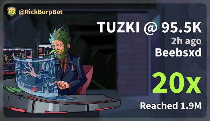 A promotional graphic from @RickBurpBot featuring a cartoon character at holographic screens, announcing TUZKI reaching 95.5K with a 20x gain and 1.9M milestone by user Beebsxd.