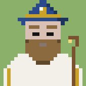 A pixel art illustration of a bearded man wearing a blue pointed hat and white robes, holding a staff against a solid green background.