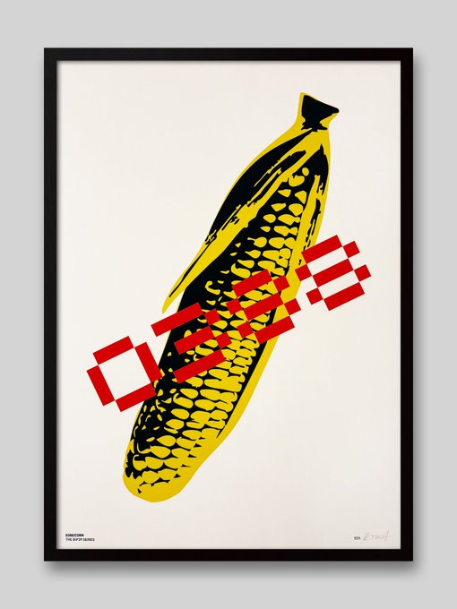 A framed poster featuring a yellow and black illustration of an ear of corn with red pixelated text overlaid, labeled 'CORNTON - THE BITTOFY SERIES'.