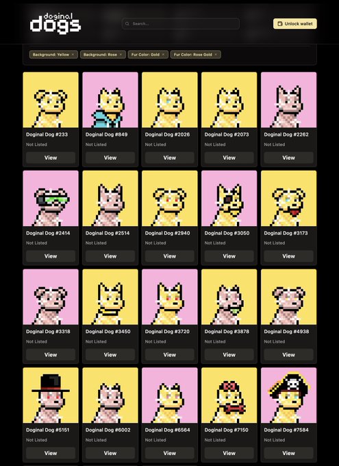 A dark “dosinql dogs” marketplace page displays rows of pixel-art dog collectibles, filter buttons such as “Background: Yellow,” “Background: Rose,” and “Fur Color: Gold,” plus cards marked “Not Listed” with “View” buttons.