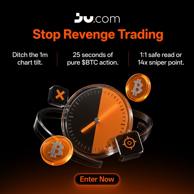 The image features a clock with two different colored circles, one orange and one black, positioned at the center of the frame. The text "Stop Revenge Trading" is displayed above the clock, while the phrase "Enter Now" is written below it. The background of the image is black, which contrasts with the vibrant colors of the clock's circles.
