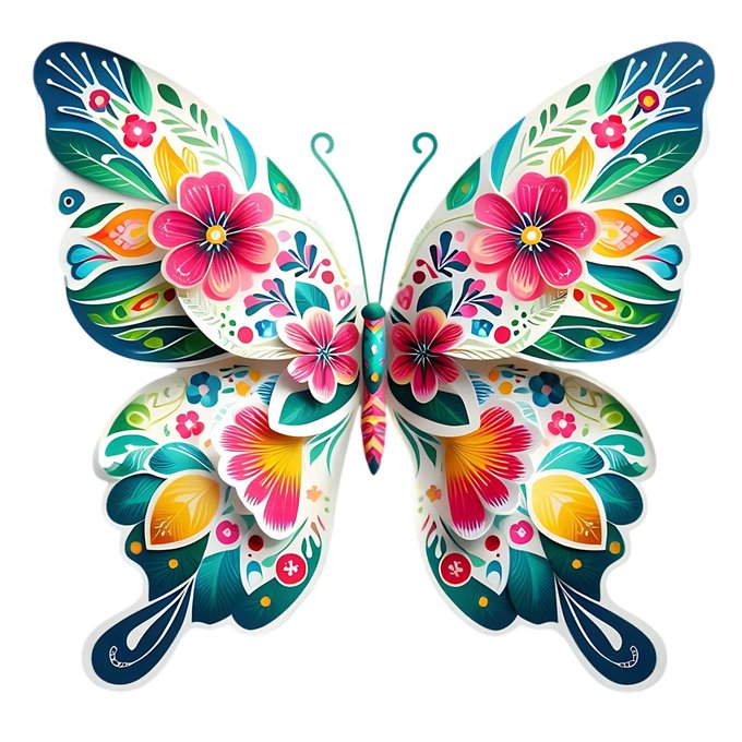 A colorful, decorative butterfly illustration adorned with vibrant floral patterns in pink, yellow, blue, and green.