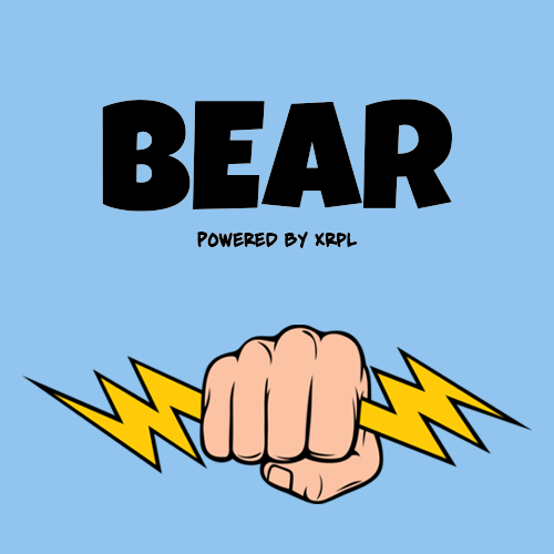 A logo featuring the word "BEAR" in bold black letters above "POWERED BY XRPL" with a cartoon fist surrounded by yellow lightning bolts on a light blue background.